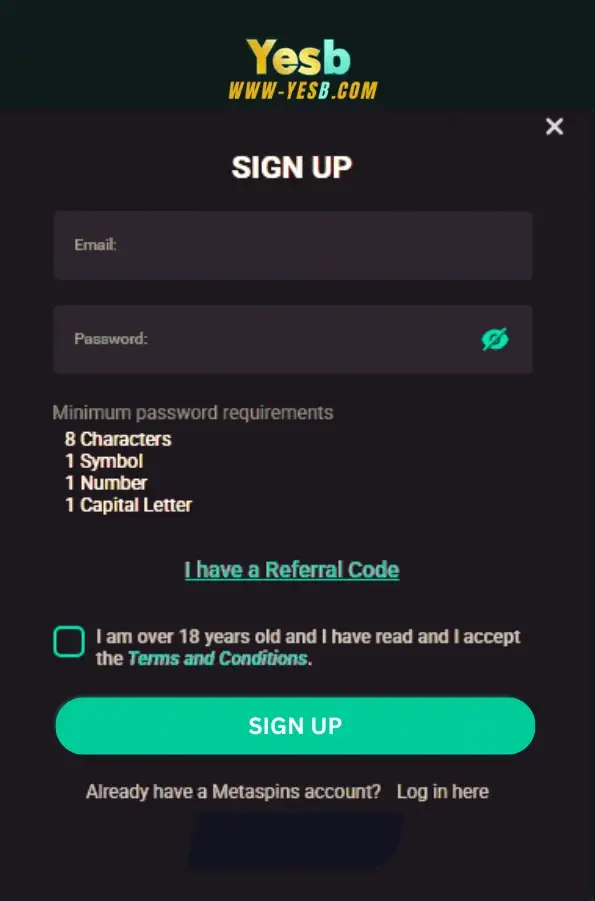 Player registering at YESB Casino